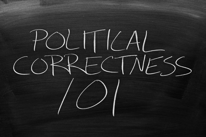 The words "Political Correctness 101" on a blackboard in chalk