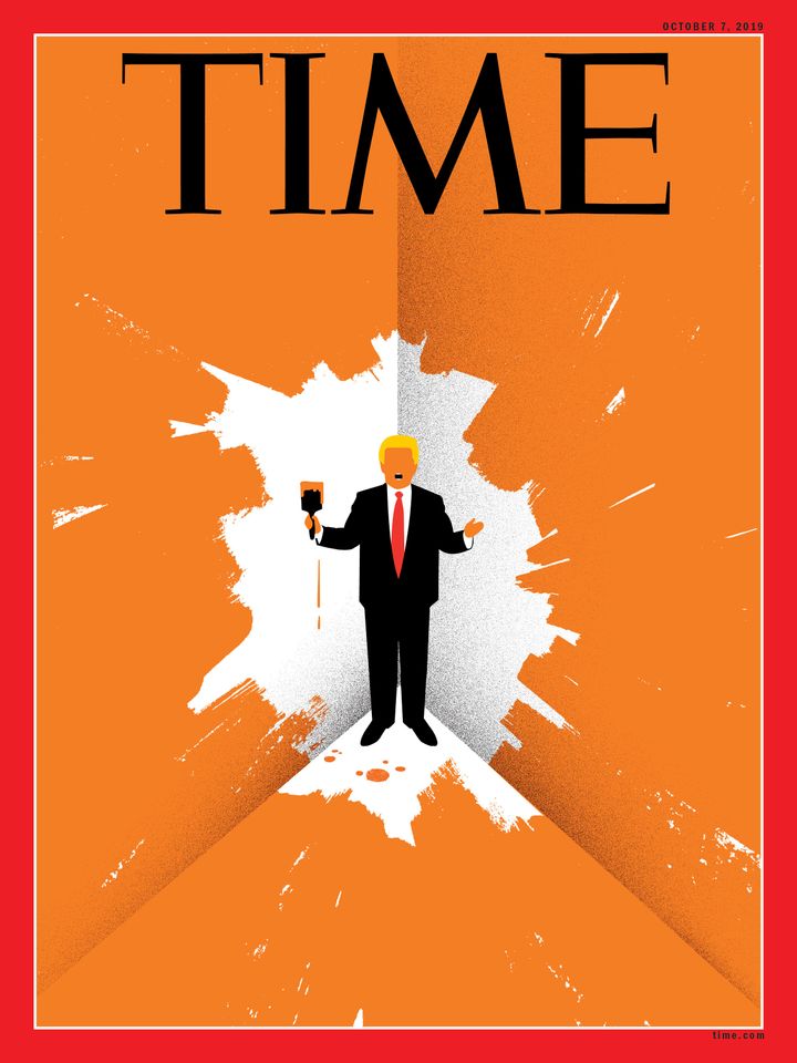 President Donald Trump paints himself into a corner on the cover of the Oct. 7 issue of Time magazine.