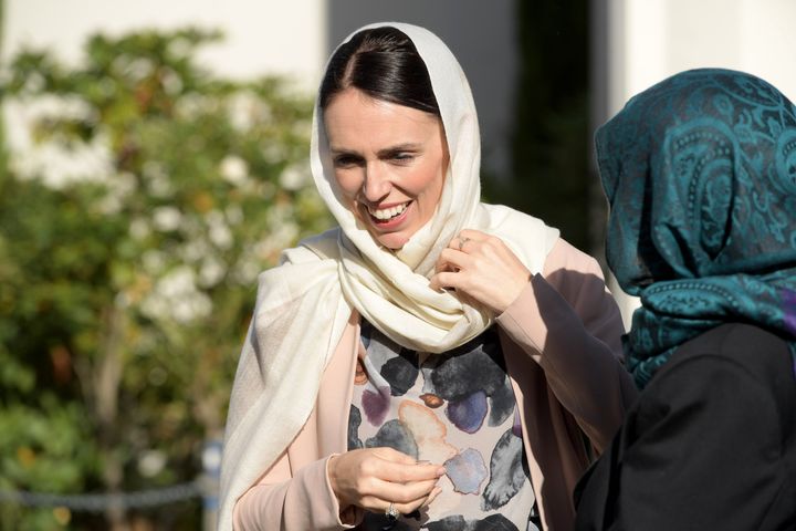 Ardern waits for Prince William, Duke of Cambridge to arrive at Masjid Al Noor mosque on April 26, 2019, in Christchurch, New Zealand. The mosque was one of two in the community targeted in a mass shooting the month before in which 50 people were killed.