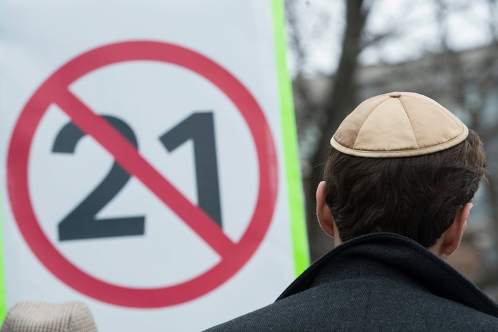 A man wears a Kippah during a demonstration opposing the Quebec government's newly tabled Bill 21 in Montreal on April 14, 2019.