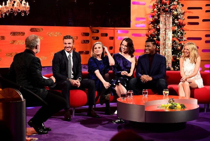 Graham Norton with David Beckham, Carrie Fisher, Daisy Ridley, John Boyega and Kylie Minogue on his sofa
