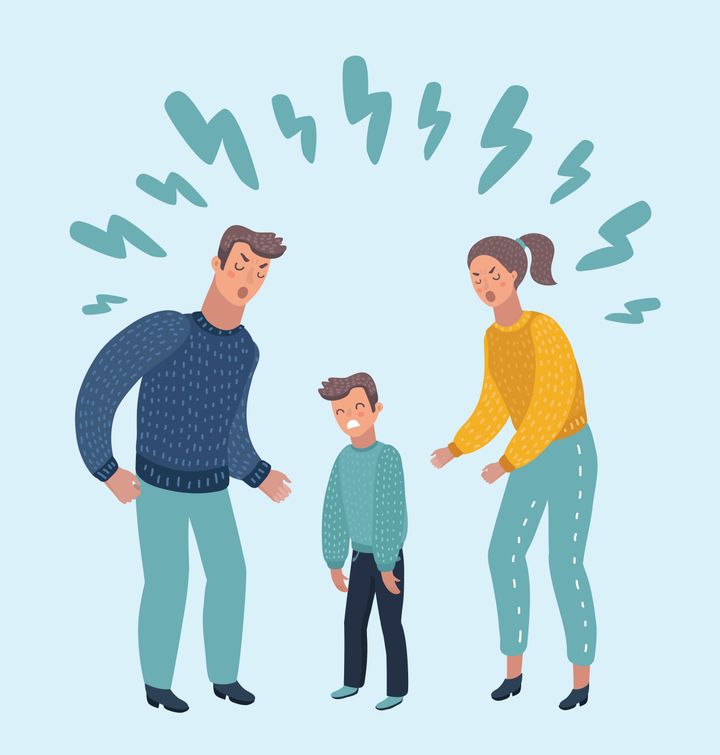 Vector cartoon illustration of little sad crying boy, cursing his beloved parents. Family quarrel. Angry parents. Wrong education, psychology