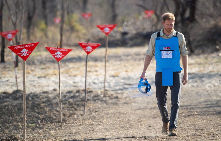 The Duke of Sussex visits a minefield in Dirico, Angola, to see the work of landmine clearance charity the Halo Trust, on Day