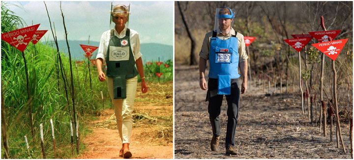 Left: Princess Diana walking in a safety corridor of a land mine field in Huambo, Angola, on Jan. 15, 1997. Right: Prince Harry visiting a de-mining field in Dirico, Angola, on Sept. 27, 2019.