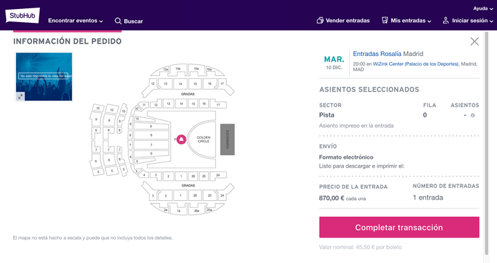 Compra de entrada del concierto de Rosalía en StubHub.