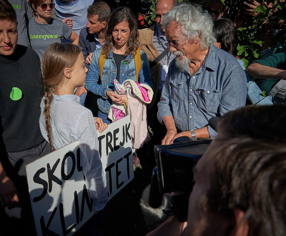 Swedish climate activist Greta Thunberg chats with Canadian environmental activist David Suzuki in Montreal on Sept. 27, 2019. Millions of people across the world are taking part in demonstrations demanding action on climate issues.