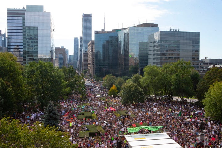 Protesters descend on the Ontario legislature in Toronto for a climate strike on Sept. 27, 2019.