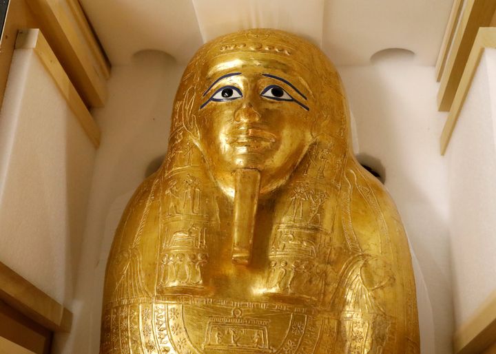 The Gold Coffin of Nedjemankh is displayed during a news conference to announce its return the the people of Egypt in New York City, U.S., September 25, 2019. REUTERS/Brendan McDermid
