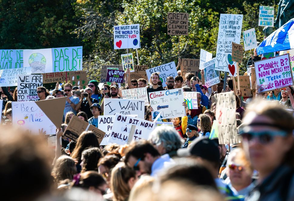 Protesters fill the the streets of Montreal during the global climate strike on Sept. 27 2019. 