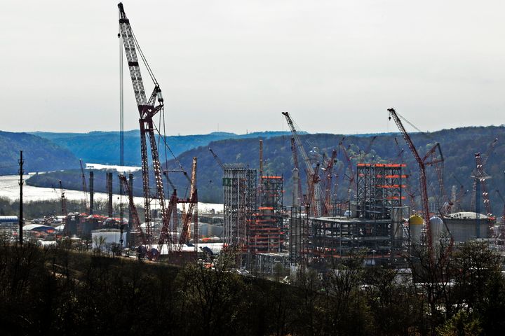 Part of a petrochemical plant being built on the Ohio River in Monaca, Pennsylvania, for the Royal Dutch Shell company. The plant, which is capable of producing 1.6 million tons of raw plastic annually, is expected to begin operations by 2021.