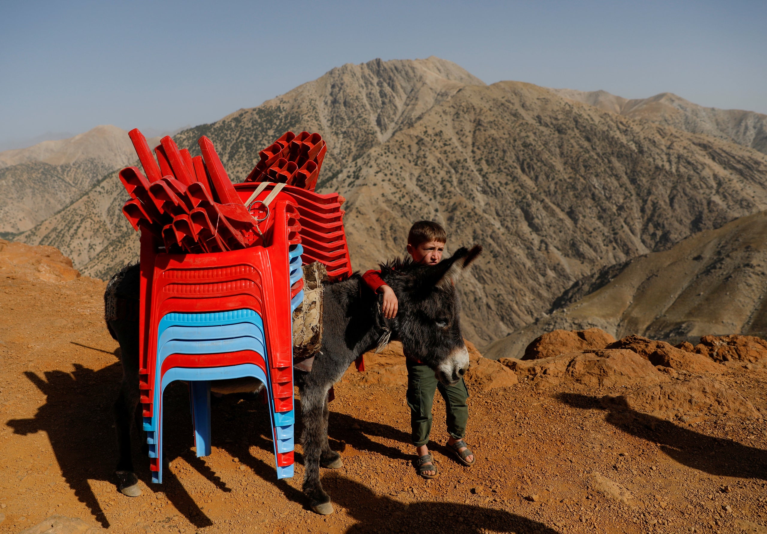 An Afghan boy stands with a donkey loaded election material, to be transported to polling stations which are not accessible b