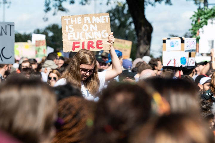 Protesters crowd the streets in Montreal to demand action on climate change on Sept. 27, 2019.