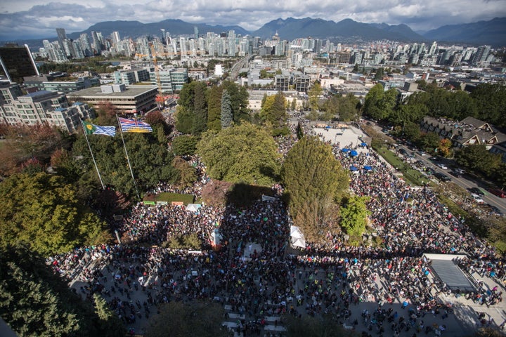 Thousands of people gather outside Vancouver City Hall before marching downtown for a climate strike in Vancouver on Sept. 27, 2019.