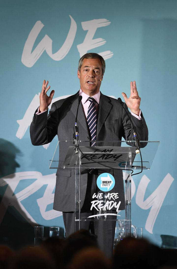 Brexit Party leader Nigel Farage speaking during the party's 'We Are Ready' event.