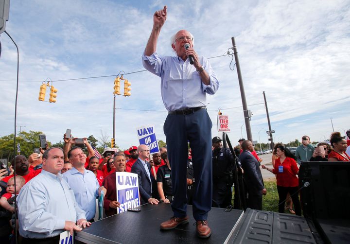 Sen. Bernie Sanders addresses striking members of the United Auto Workers union outside a General Motors plant in Detroit on Wednesday.