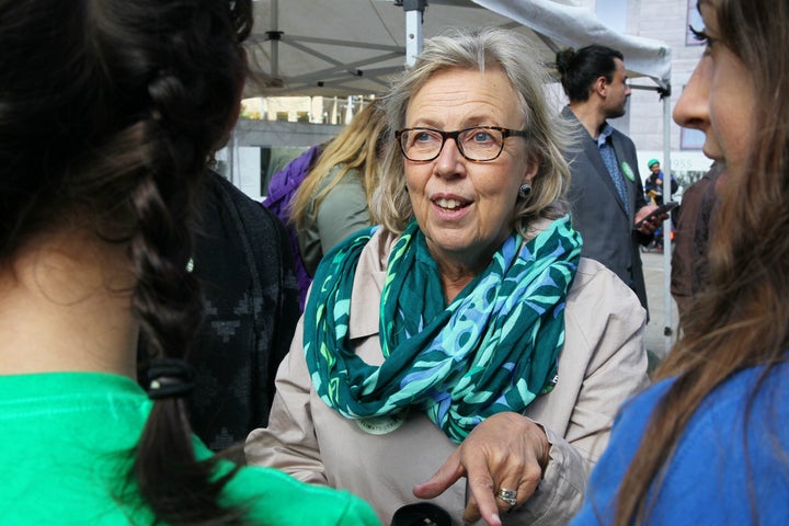 Green Party Leader Elizabeth May joins climate change activists and students as they gather in Calgary for a protest and "die-in", on the steps of the Calgary Municipal Building on Sept. 20, 2019.