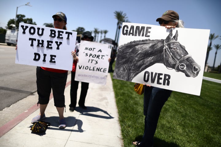 Animal rights activists protest horse racing deaths outside Santa Anita Park in Arcadia back in June. More than 30 horses have died after suffering injuries at the race track since December.