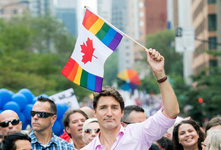 Liberal Leader Justin Trudeau attends the annual pride parade in Montreal on Aug. 18, 2019.