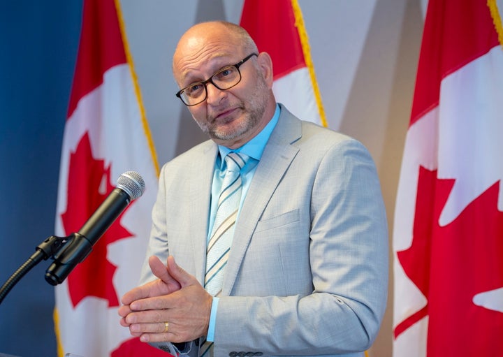 David Lametti speaks to the reporters at a press conference on Aug. 1, 2019 in Montreal. 