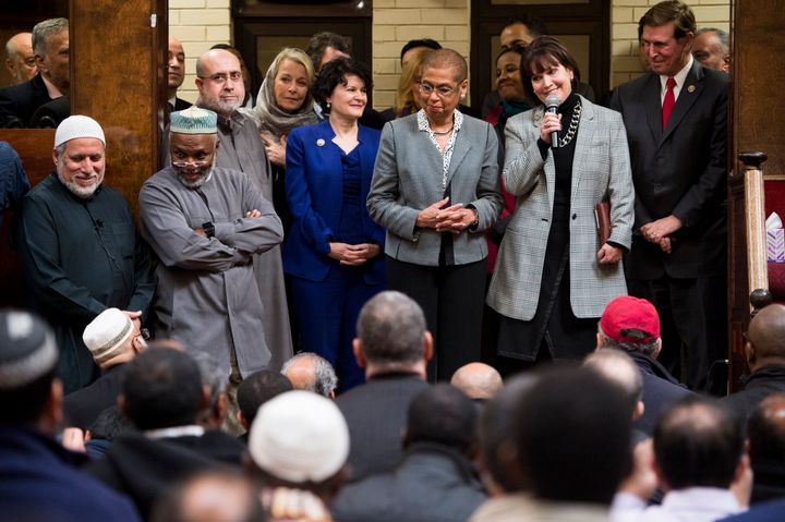From right, Rep. Don Beyer (D-Va.), Rep. Betty McCollum (D-Minn.) and Del. Eleanor Holmes Norton (D-D.C.) address the members of the Dar Al-Hijrah Mosque in Falls Church, Virginia, on Dec. 4, 2015.