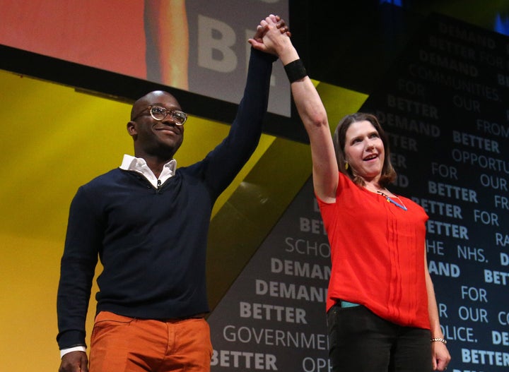 Former Tory minister Sam Gyimah, who has defected to the Liberal Democrats, with leader Jo Swinson during the Liberal Democrats autumn conference at the Bournemouth International Centre in Bournemouth.