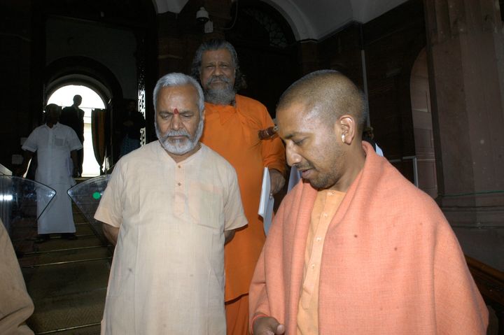 Swami Chinmayanand at Parliament House in New Delhi, India.