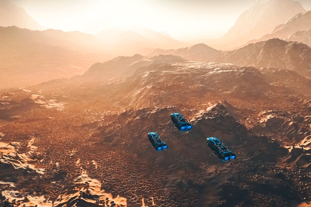 Flying UFOs over strange alien landscape.