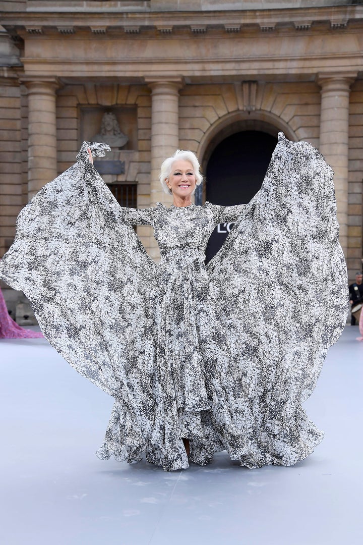 Dame Helen Mirren on the L'Oréal runway during Paris Fashion Week