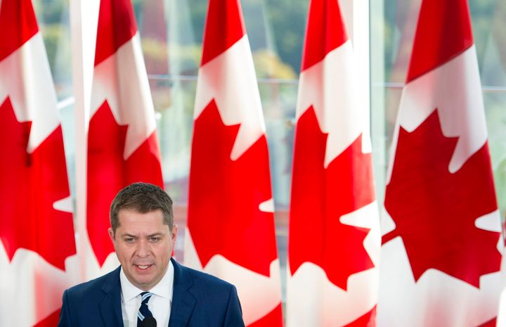 Conservative leader Andrew Scheer addresses the media during a morning announcement in Toronto on Oct. 1, 2019.