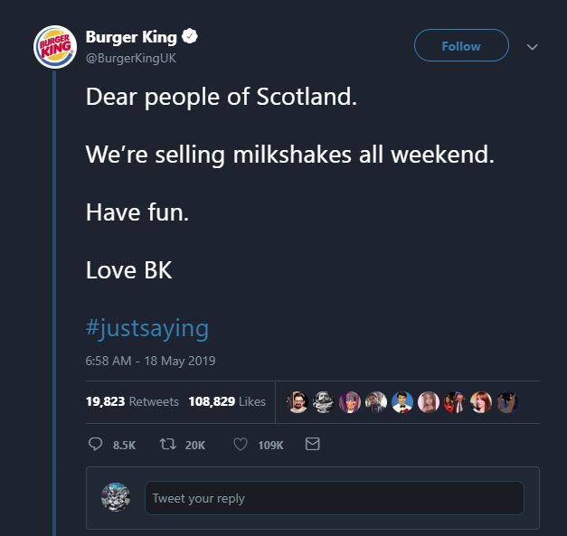 A tweet sent by Burger King in May 