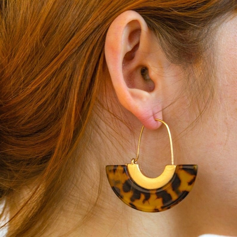 Gold Plated Hoop Earrings with Cowrie Shell Charm | Seashell Earrings