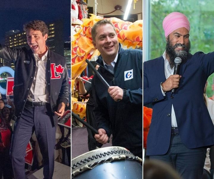 A composite image showing Liberal Leader Justin Trudeau, Conservative Leader Andrew Scheer and NDP Leader Jagmeet Singh at various campaign events this week. 