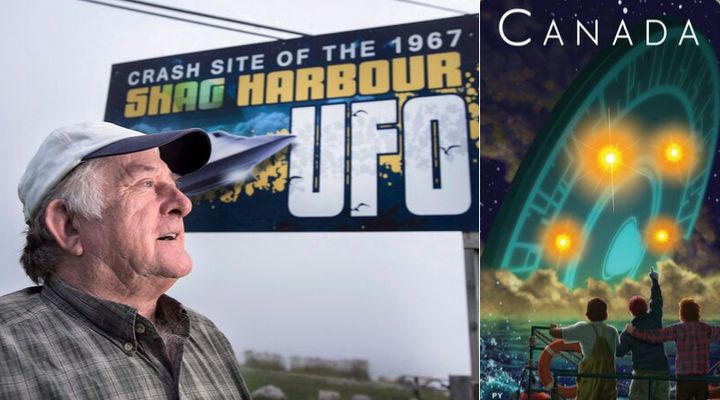 Laurie Wickens at the site of the Shag Harbour UFO Incident in Nova Scotia alongside the Royal Canadian Mint's rendition of the event. 