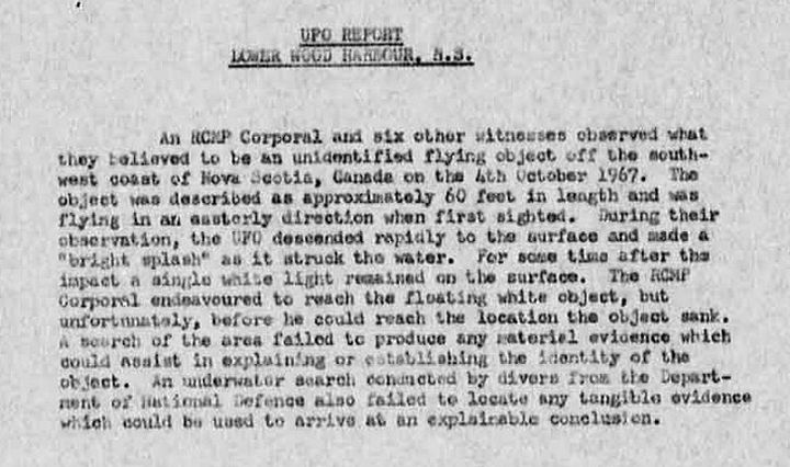 The Department of National Defence's report on the Shag Harbour UFO incident.