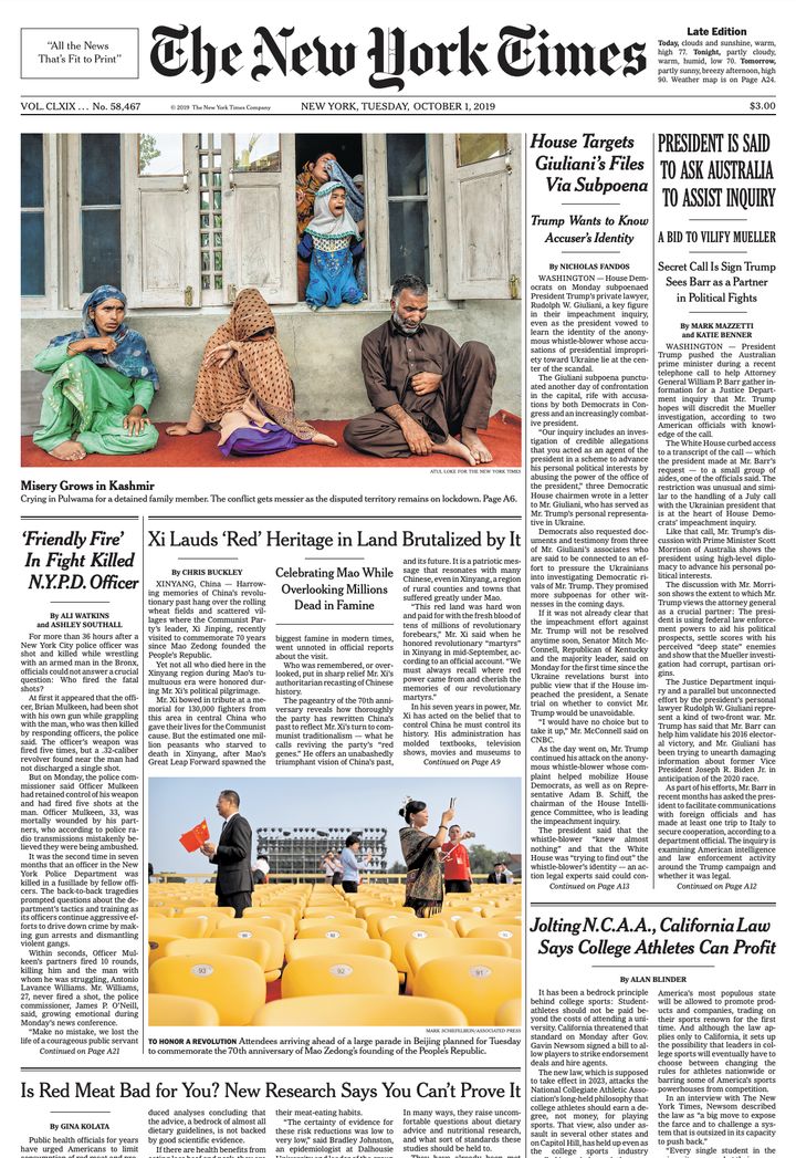 The New York Times front page on 1 Oct