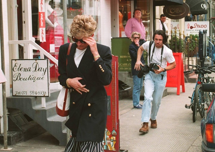 Princess Diana trying to avoid a photographer in Knightsbridge 