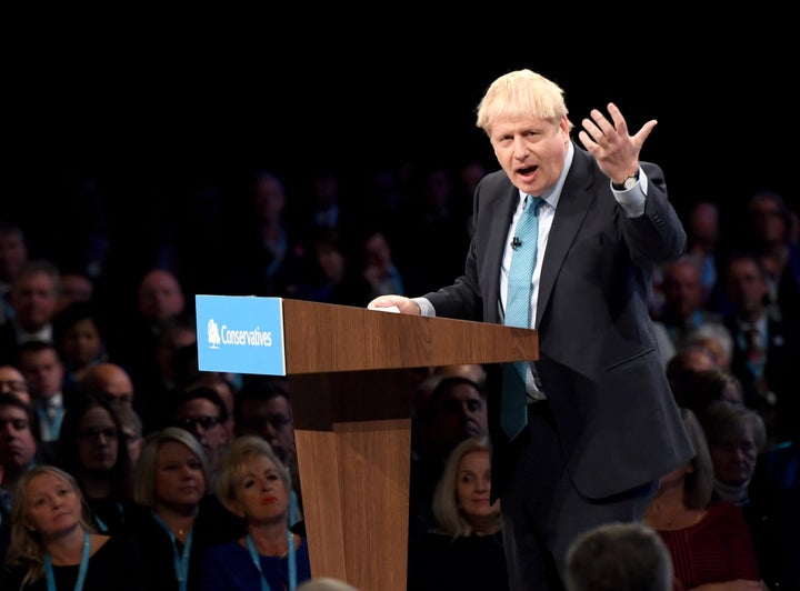 Prime Minister Boris Johnson delivers his speech during the Conservative party conference at the Manchester Central convention centre