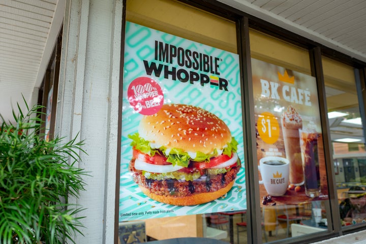 A Burger King in the San Francisco Bay Area advertising the Impossible Whopper, a meat-free burger made from plant protein.