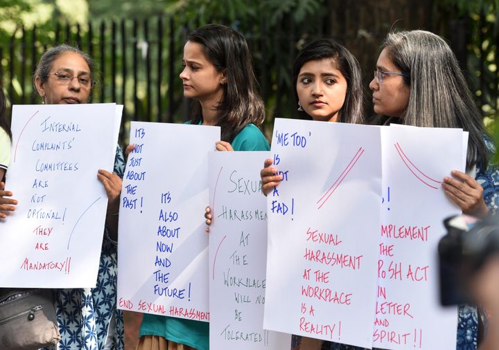 Journalists protest against sexual harassment at the workplace as part of the #MeToo campaign at Parliament Street, on October 13, 2018 in New Delhi.