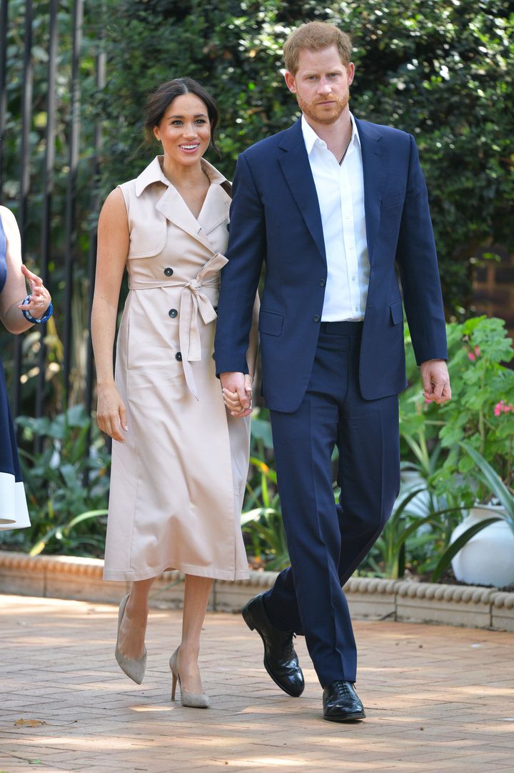 Prince Harry and Meghan Markle arrive to meet with British and South African business representatives at a Creative Industries and Business Reception in Johannesburg on Oct. 2.