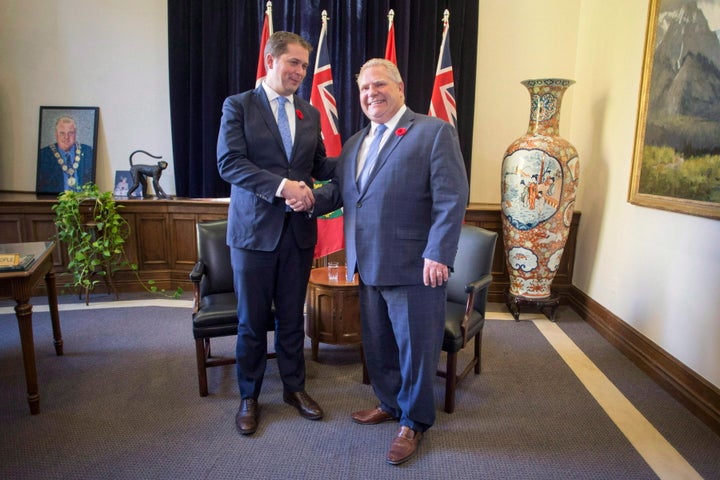 Ontario Premier Doug Ford meets with federal Conservative Leader Andrew Scheer at Queen's Park in Toronto on Oct. 30, 2018.
