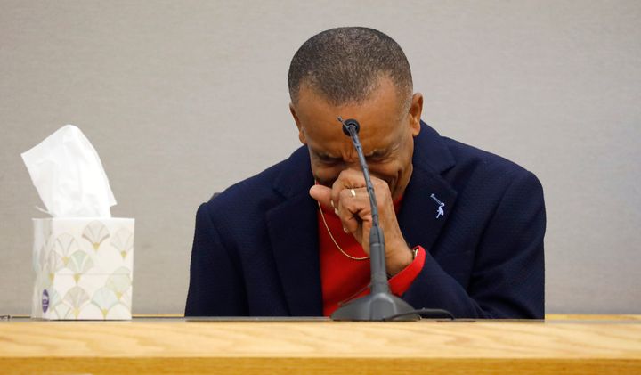 Bertrum Jean, father of Botham Jean, breaks down on the witness stand talking about his son during the punishment phase of the trial of Amber Guyger.
