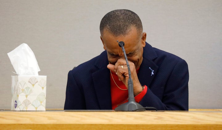 Bertrum Jean, father of Botham Jean, breaks down on the witness stand talking about his son during the punishment phase of th