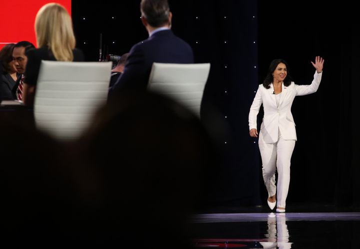 Democratic presidential candidate Rep. Tulsi Gabbard (D-Hawaii) takes the stage at a debate in July.