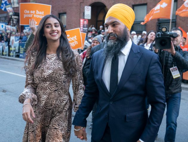 NDP Leader Jagmeet Singh arrives for the leaders debate accompanied by his wife Gurkiran in Montreal on Wednesday, Oct. 2, 2019. THE CANADIAN PRESS/Paul Chiasson