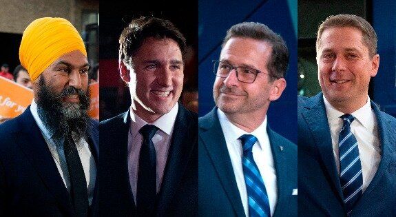 Jagmeet Singh, Justin Trudeau, Yves-François Blanchet et Andrew Scheer à leur arrivée à TVA.
