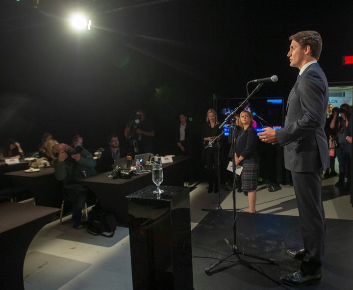 Liberal Leader Justin Trudeau speaks to the media after the TVA French debate in Montreal on Wednesday.