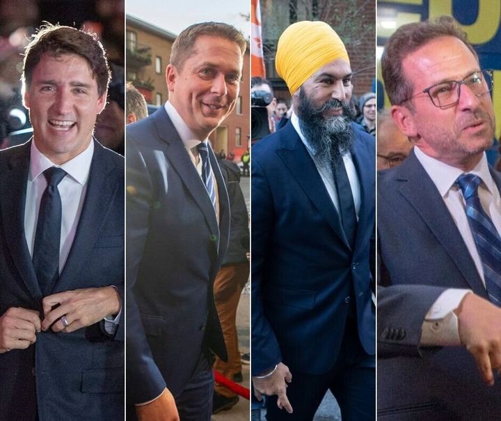 A composite image of Liberal Leader Justin Trudeau, Conservative Leader Andrew Scheer, NDP Leader Jagmeet Singh and Bloc Quebecois Leader Yves-Francois Blanchet arriving to the first French-language debate.
