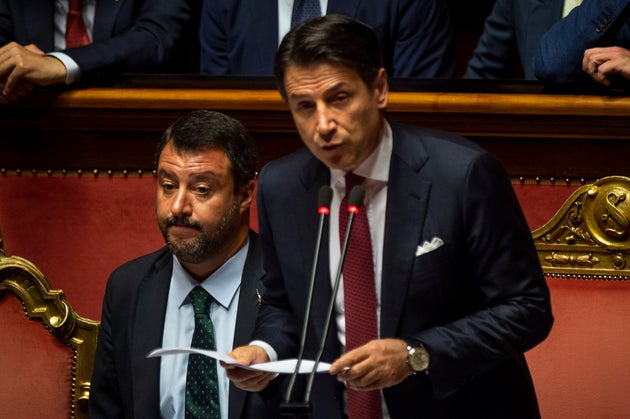 ROME, ITALY - AUGUST 20: Italian Prime Minister Giuseppe Conte flanked by Interior Minister Matteo Salvini...