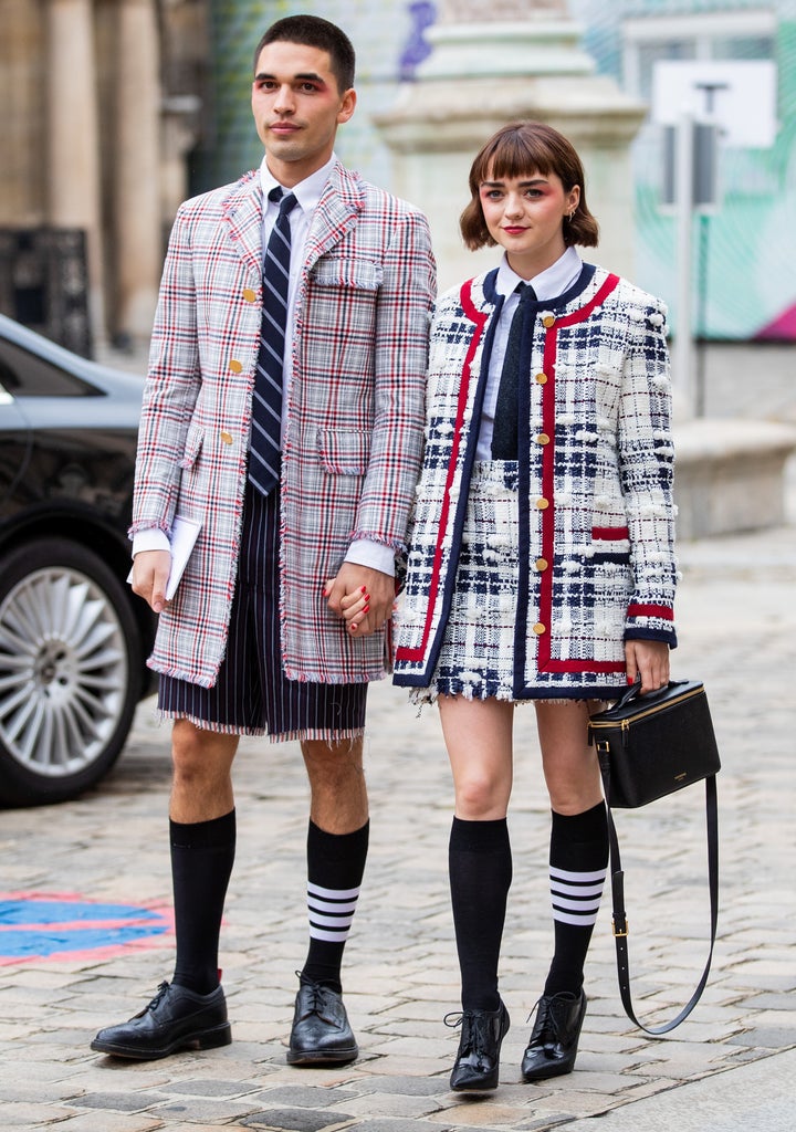 Maisie Williams and Reuben Selby matching pink hair at Sophie